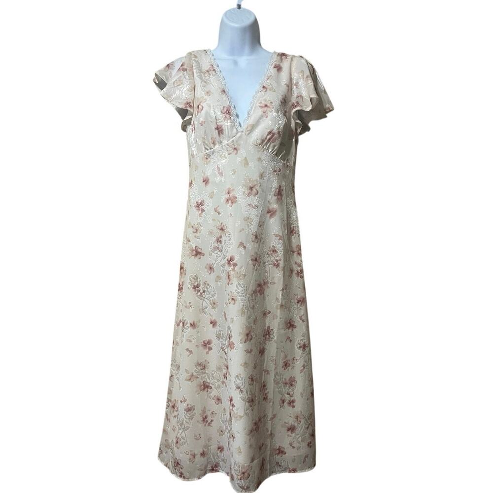 Storia Floral Boho Midi Dress M V-Neck Flutter Sleeve Lace Boho Chic Romantic - Picture 2 of 10